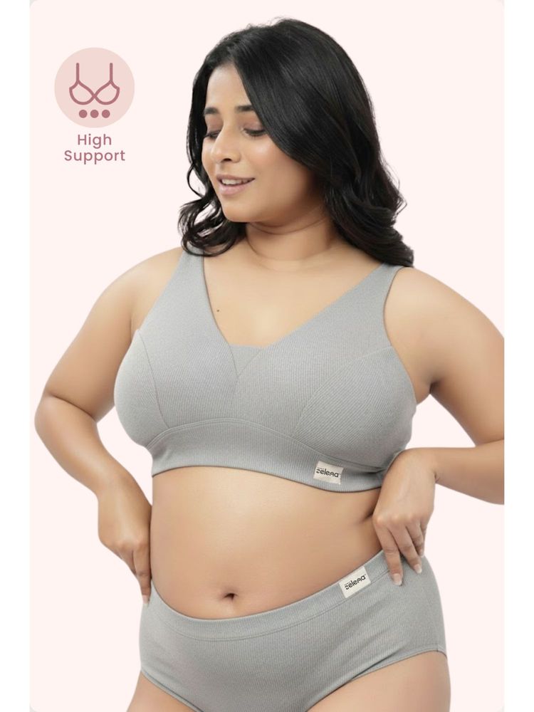 Zelena Fixed Pad Maternity and Nursing Bra Cotton Ribbed Wirefree Bra Grey Melange-image-28