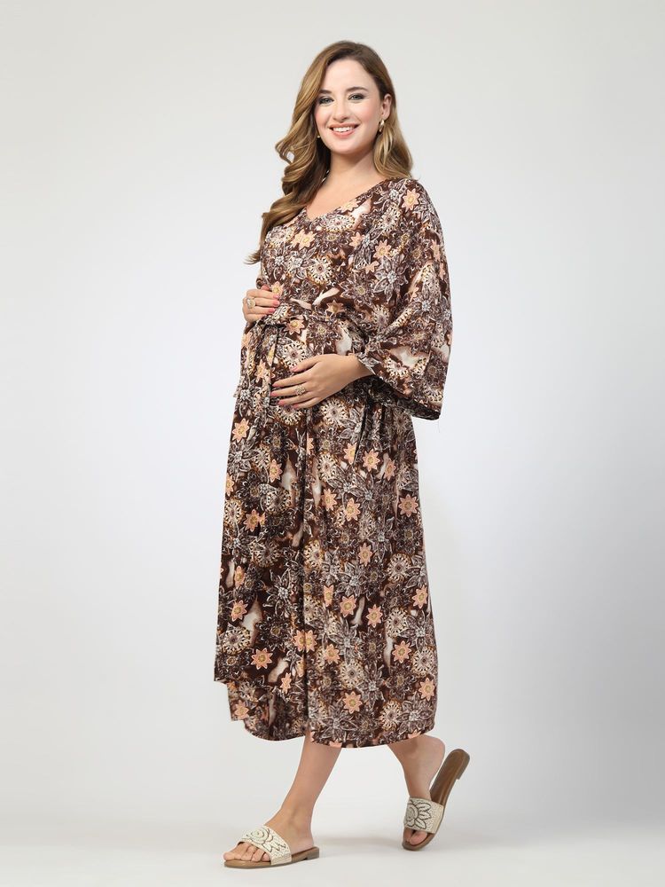 Zelena Printed Maternity Feeding Kaftan Rayon Dress Brown-image-4