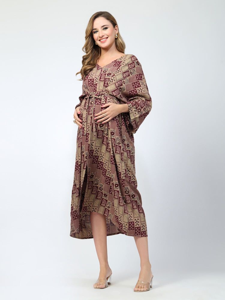 Zelena Printed Maternity Feeding Kaftan Rayon Dress Maroon-image-31