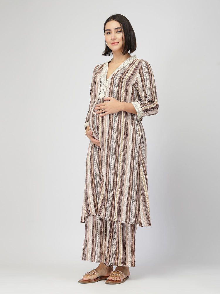Zelena Maternity and Nursing Kurta A-Line Feeding and Pant Coffee Brown-picture-43