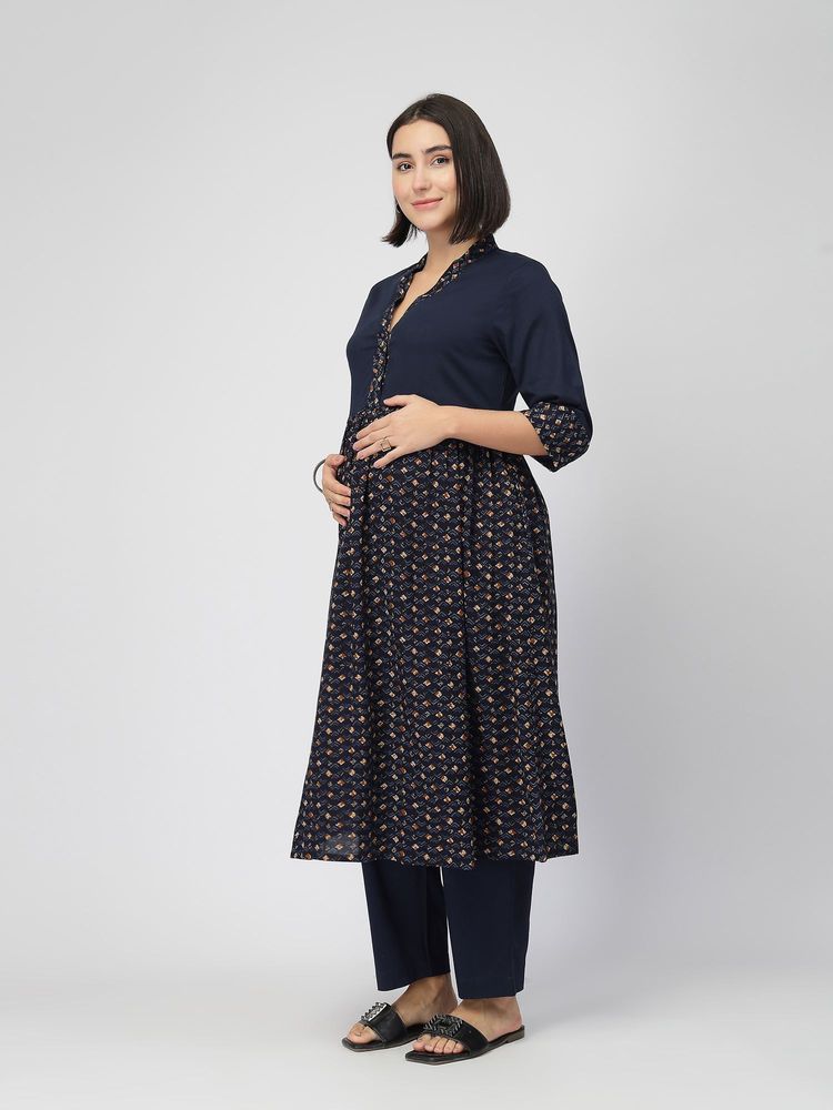Zelena Maternity and Nursing A-Line Feeding Kurta and Pant Navy Blue-image-22