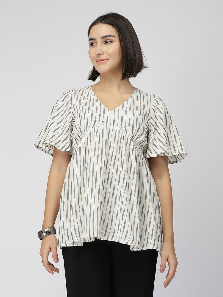 Zelena Ikat Maternity and Nursing Top Cotton Feeding Kurti with Front Zip Off-White-image-5