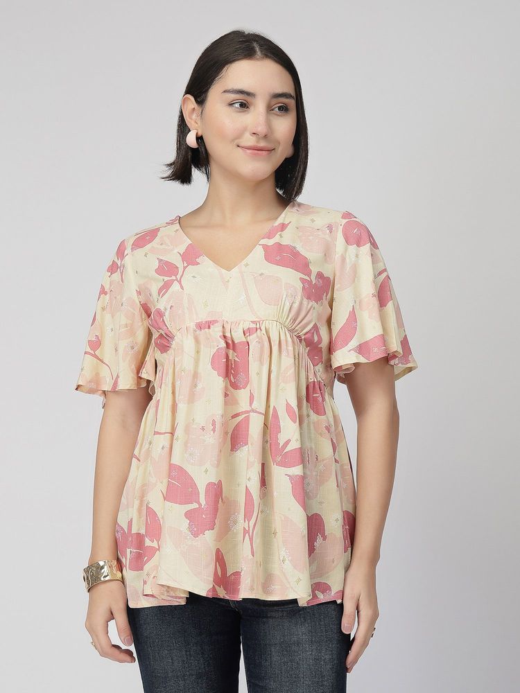 Zelena Printed Maternity and Nursing Top Rayon Gathered Feeding with Front Zip Pink-picture-27