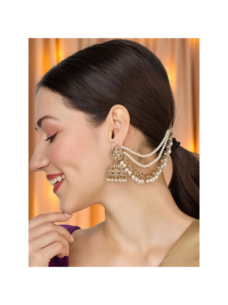 OOMPH Women White Kundan Pearl Jhumka Earrings with Ear Chain-picture-15