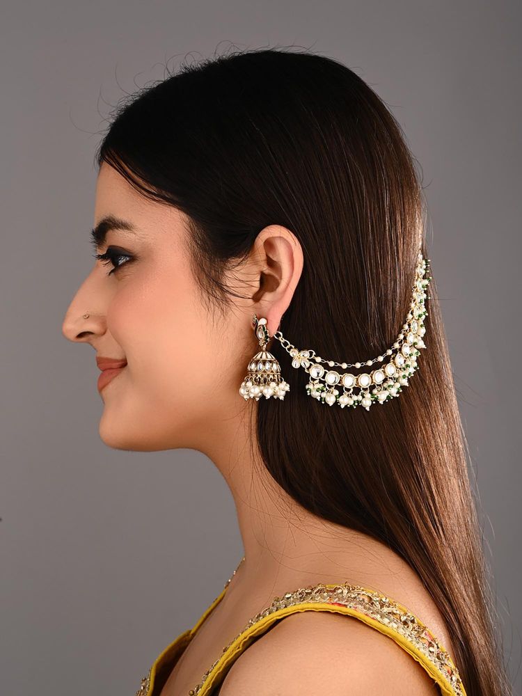 Anvik Kundan And Beads Double Layered Ear Chains Green-image-23
