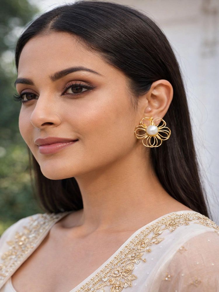 Jewelz Gold-Toned Floral Pearl Stud Earrings For Women And Girls-image-3