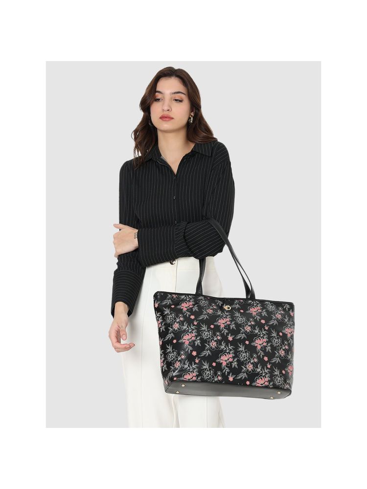 Caprese Womens Snow Large Black Floral Print Office Tote Bag-image-26