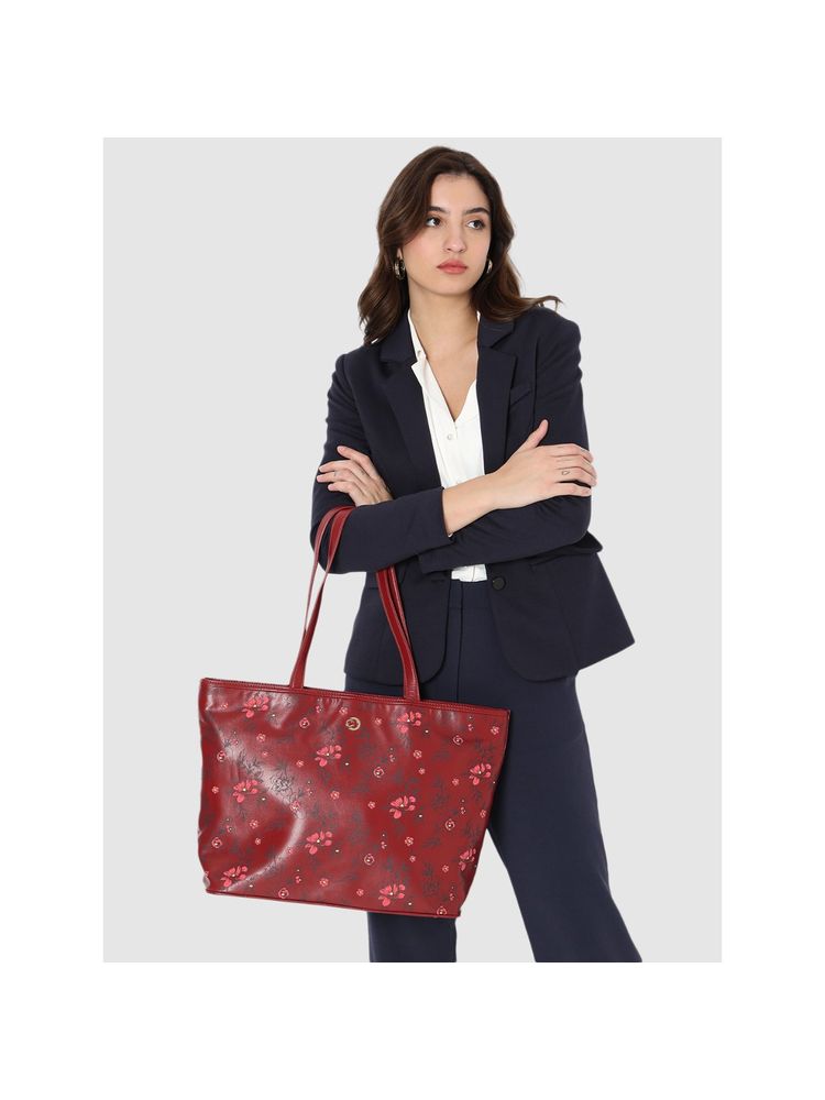 Caprese Womens Snow Large Maroon Floral Print Office Tote Bag-picture-11