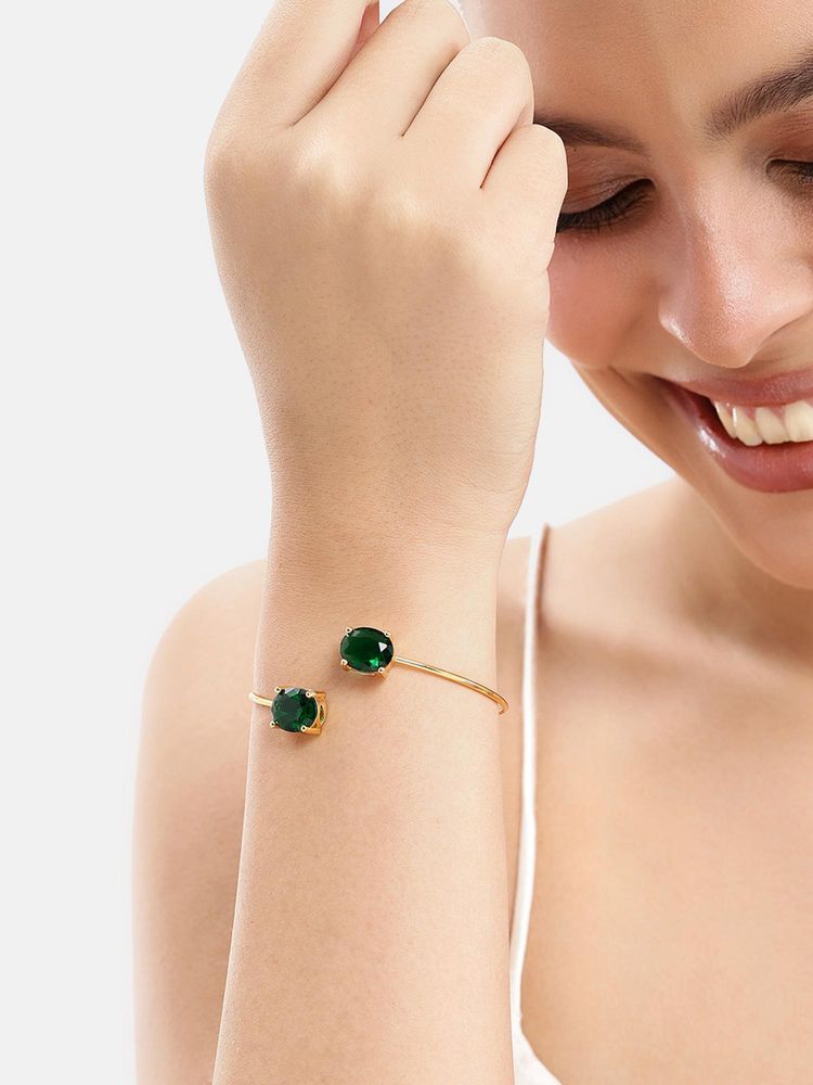Estele Glimmering Emerald Green Oval AD Cuff Kada in Rose gold Finish-image-31