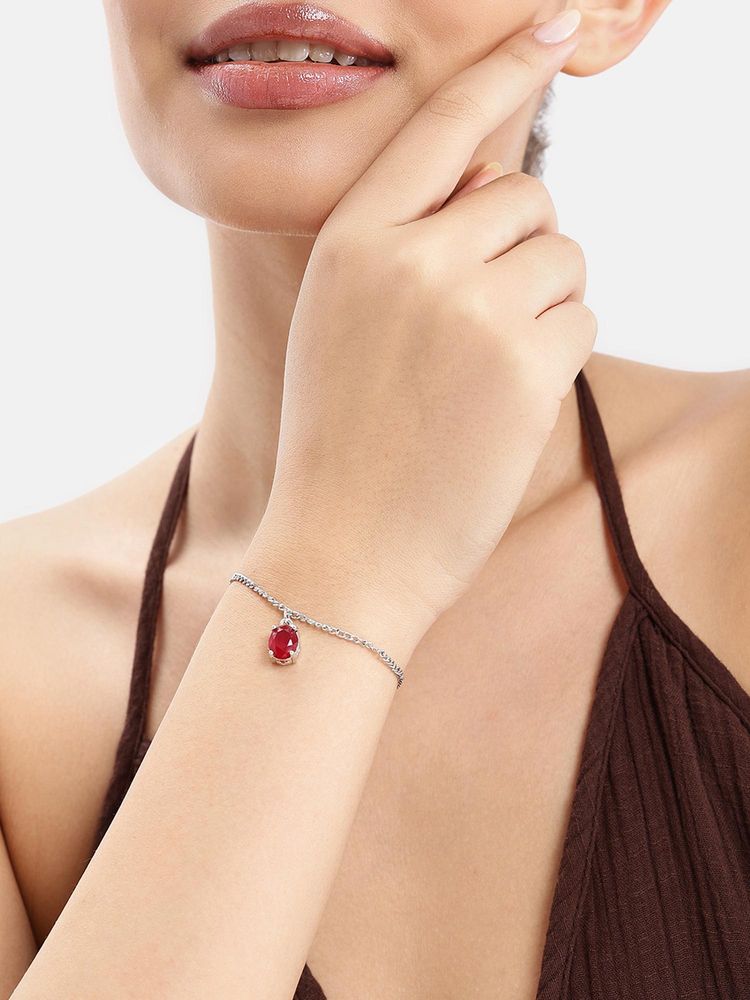 Estele Rhodium AD Charm Adjustable Ruby Solitaire Bracelet-image-5