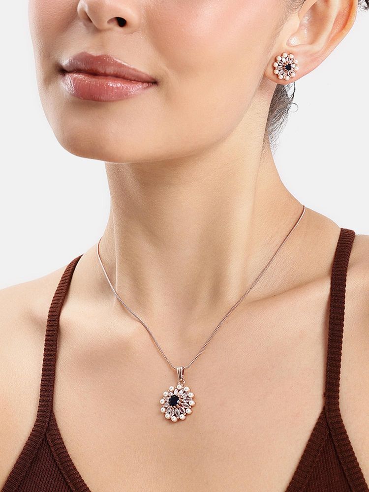 Estele Elegant Rose gold AD Floral Necklace Set in Navy Blue Accents-picture-15