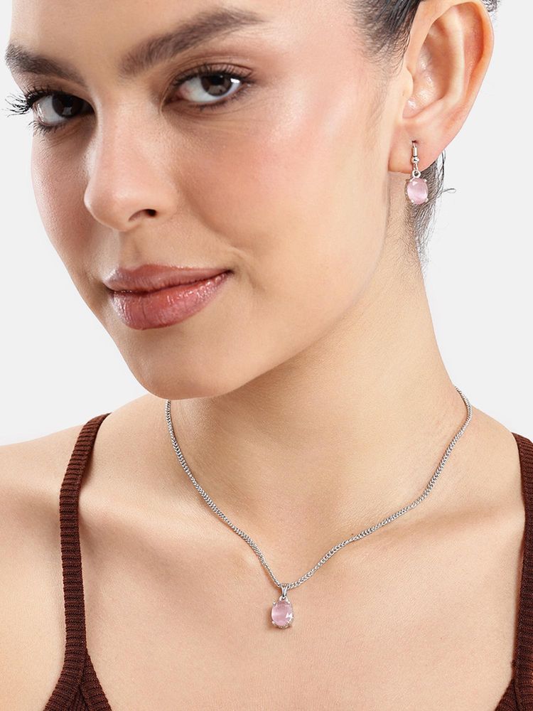 Estele Modern CZ Oval Necklace Set in Mint Pink-Rhodium-image-5