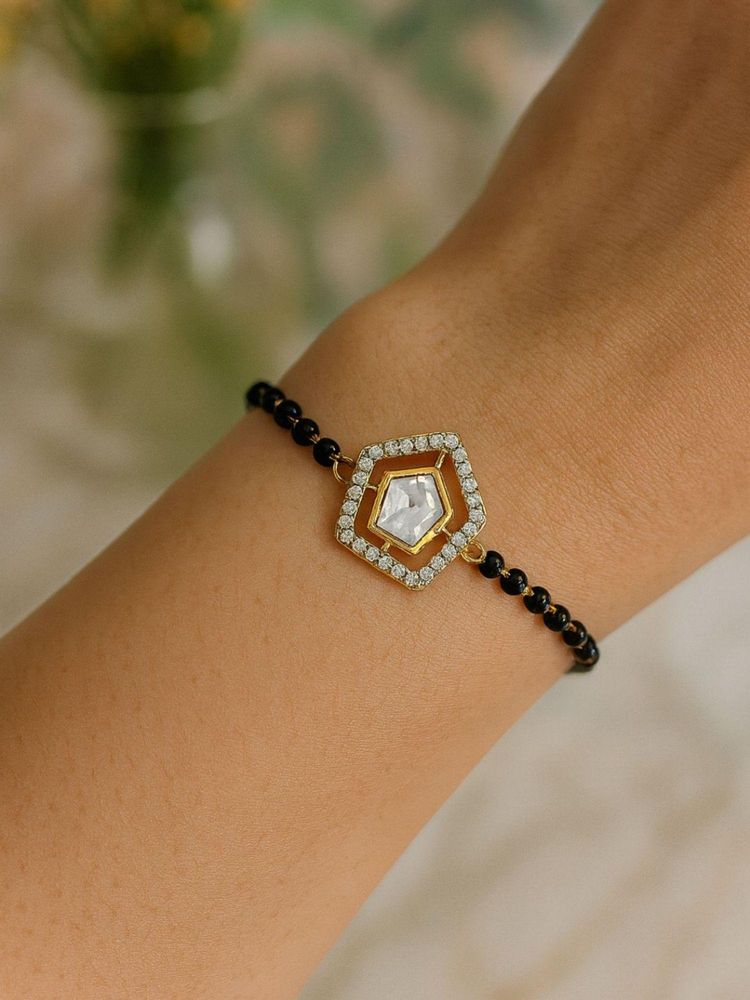 I Jewels Gold Plated Stylish White Adjustable Hand Wrist Mangalsutra Bracelet For Women-image-44