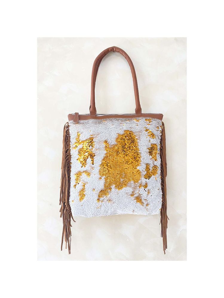 PRAVO Gold & White Sequence Handbag With Leather-image-4