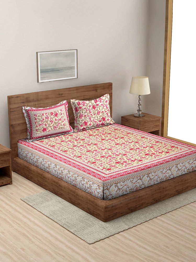 Rajasthan Decor Floral Print Red Color Double Bed Sheet with 2 Pillow Covers-image-3