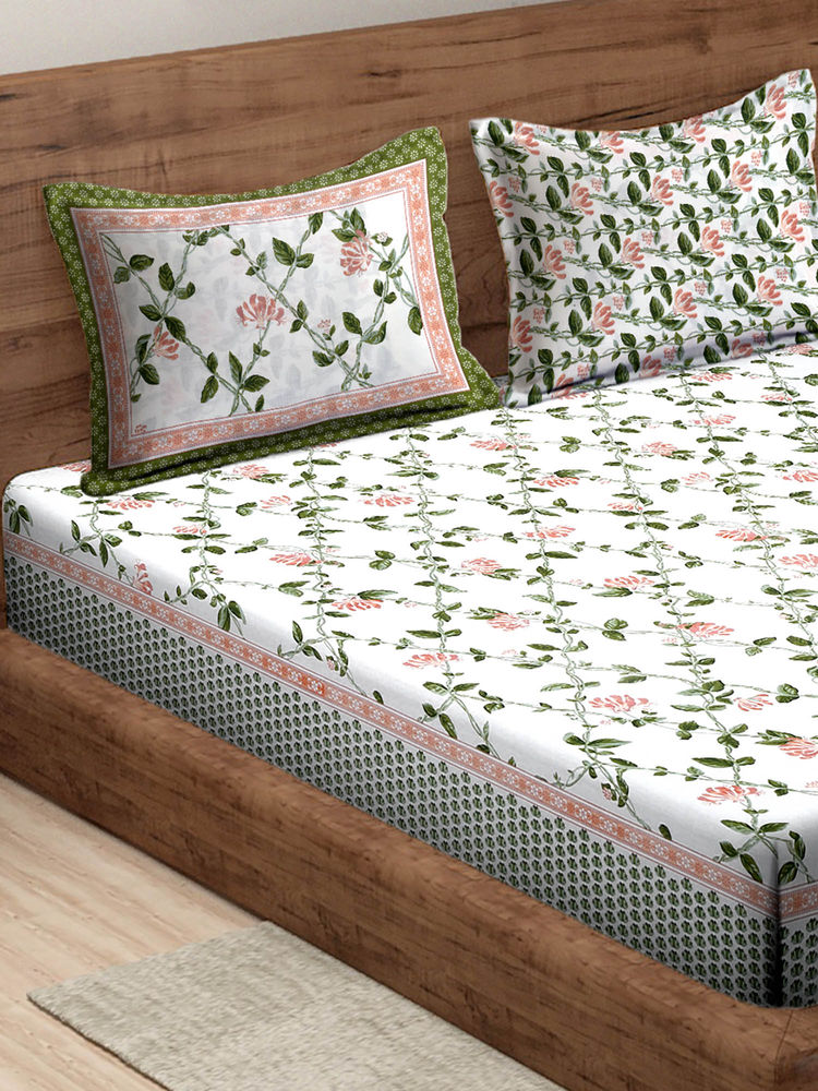 Rajasthan Decor White and Green Floral Pure Cotton King Size Bed Sheet with 2 Pillow Covers-image-3