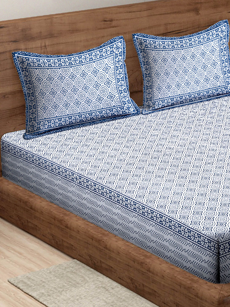 Rajasthan Decor White and Blue Floral Pure Cotton King Size Bed Sheet with 2 Pillow Covers-picture-12