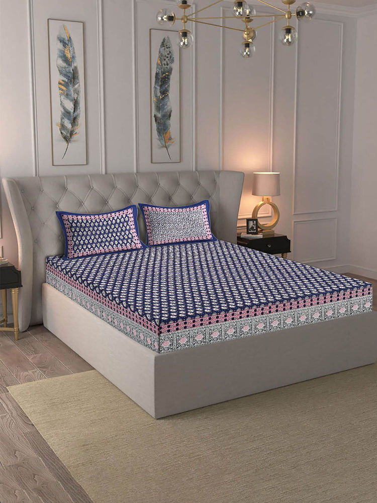 Rajasthan Decor Floral Printed Navy Blue Pure Cotton King Bed Sheet with 2 Pillow Covers-image-23