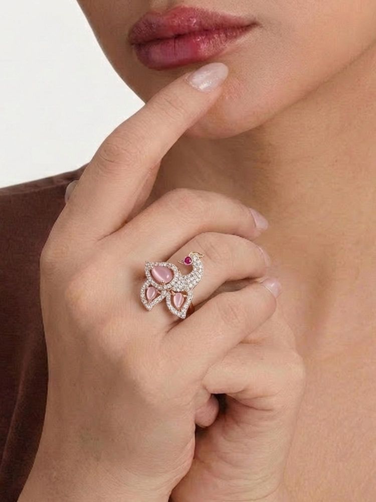 Estele Rose Gold Peacock Mint Pink CZ Ring-image-34