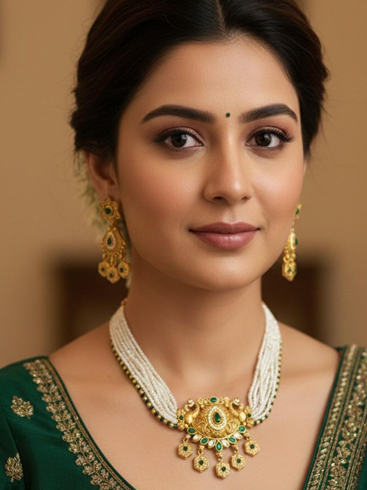PANASH Gold-Plated Green Stone & Beaded Necklace with Earrings-image-9