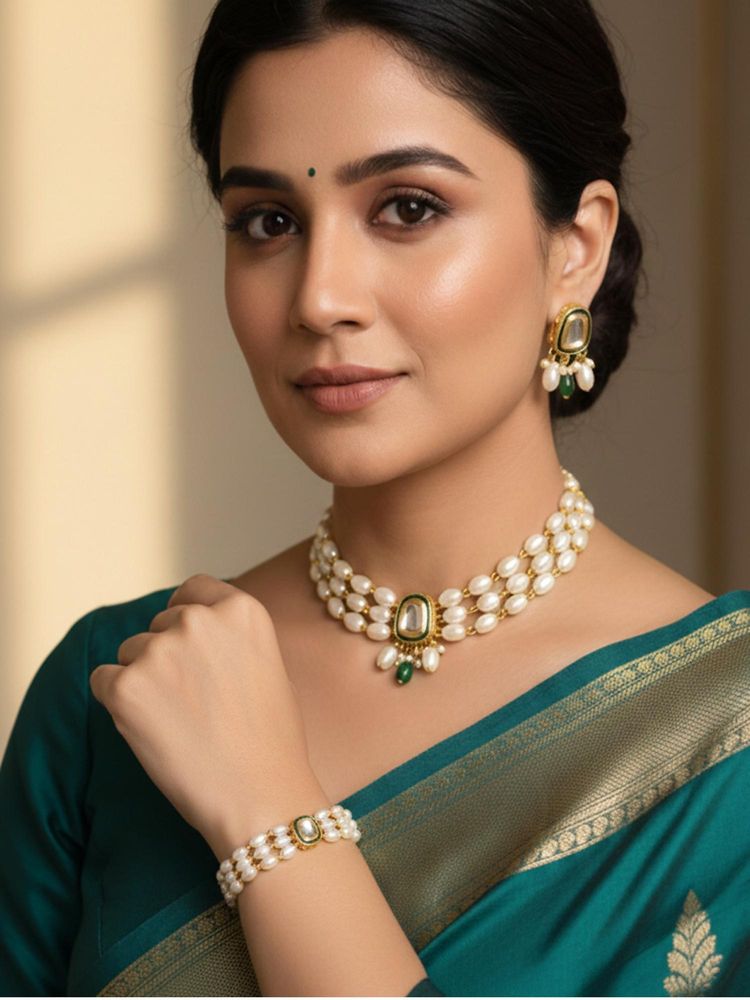 PANASH Gold-Plated Green Necklace & Earrings with Bracelet-picture-13