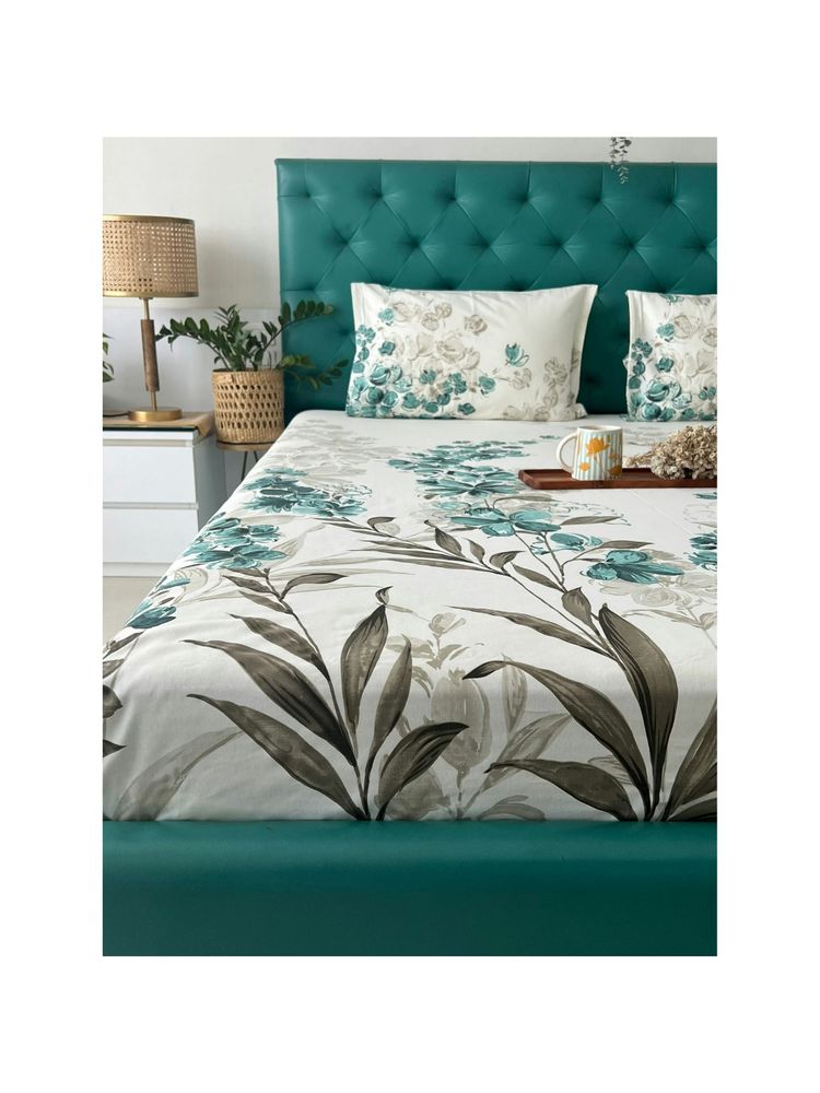 Urban Space Cotton Bedsheet With 2 Pillow Covers - Majestic Aqua