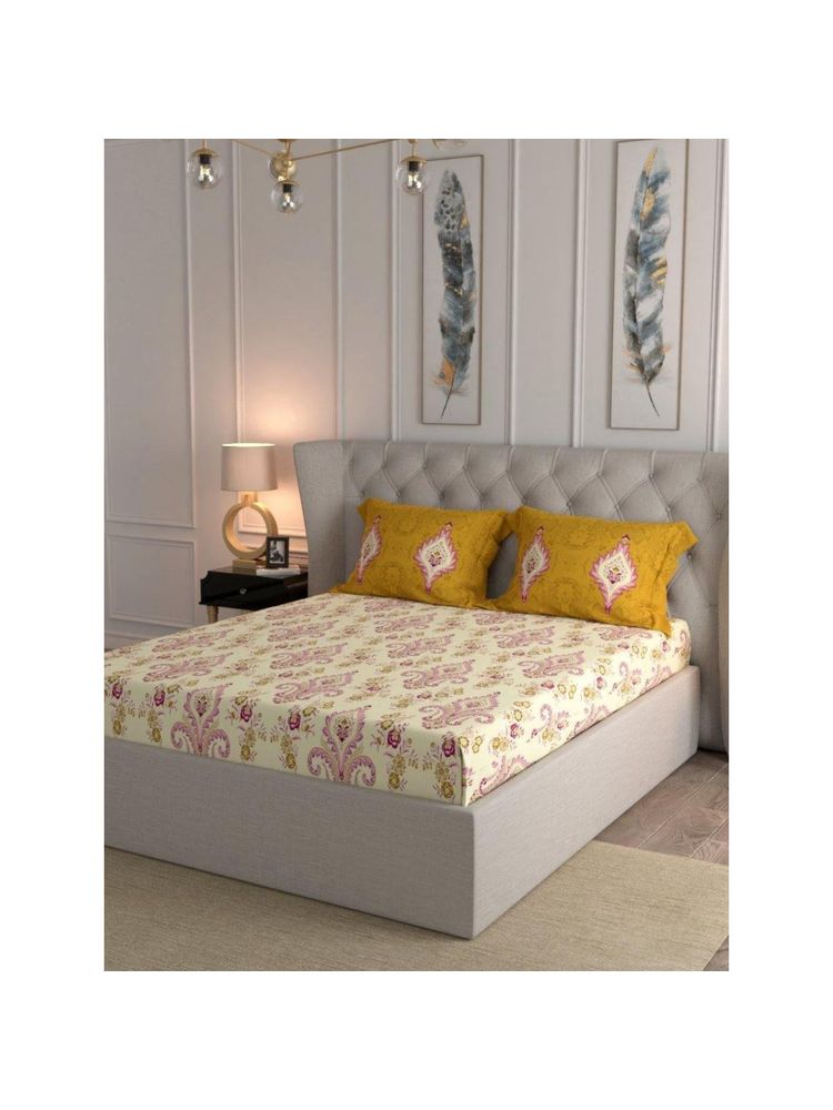 Urban Space Cotton Bedsheet Double Bed with 2 Pillow Covers - Motif Mustard-image-10