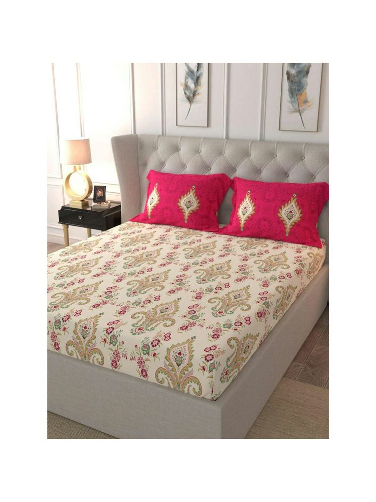 Urban Space Cotton Bedsheet for Double Bed with 2 Pillow Covers - Motif Red