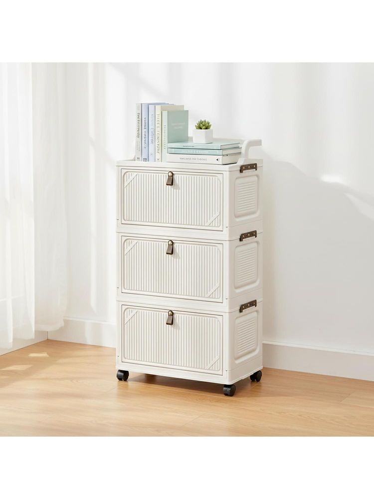 House of Quirk 3 Layer Foldable Storage Box Cart with Wheels & Handle Portable Cabinet - Off White-image-26