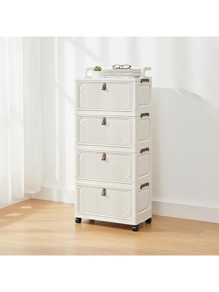 House of Quirk 4 Layer Foldable Storage Box Cart with Wheels & Handle Portable Cabinet - Off White-image-24