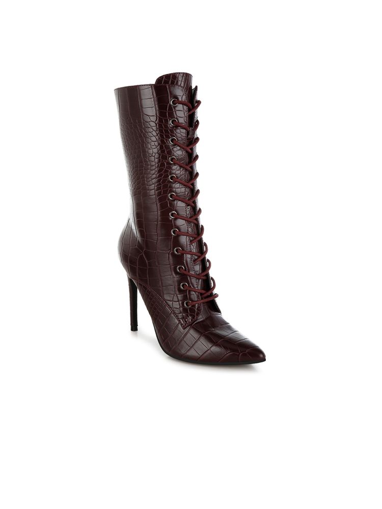 London Rag Burgundy Croco Lace Up Calf Casual Boots-picture-18