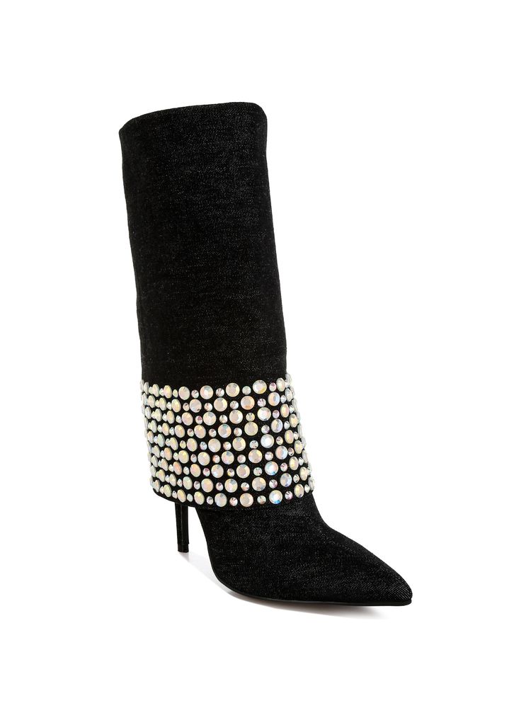 London Rag Black Diamante and Rhinestones Denim Boots-image-10
