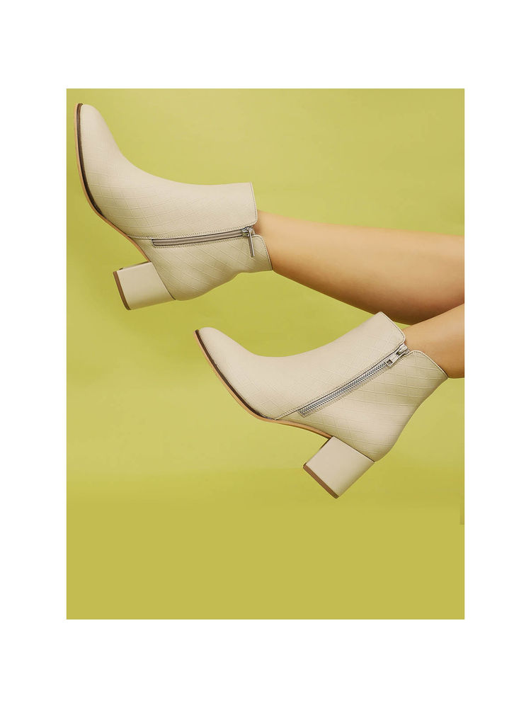 Yoho Beige Pointed Toe Slays Ankle Boots with Block Heel for Women-picture-14