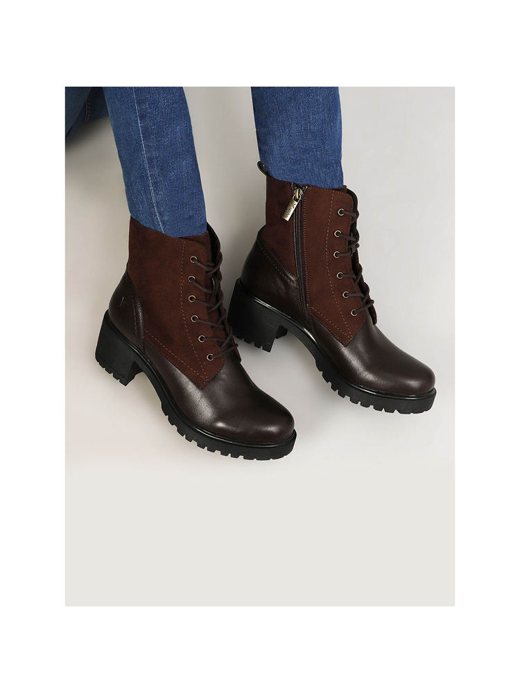 Yoho Brown Suede Leather Finish Combat Ankle Boots for Women-picture-26