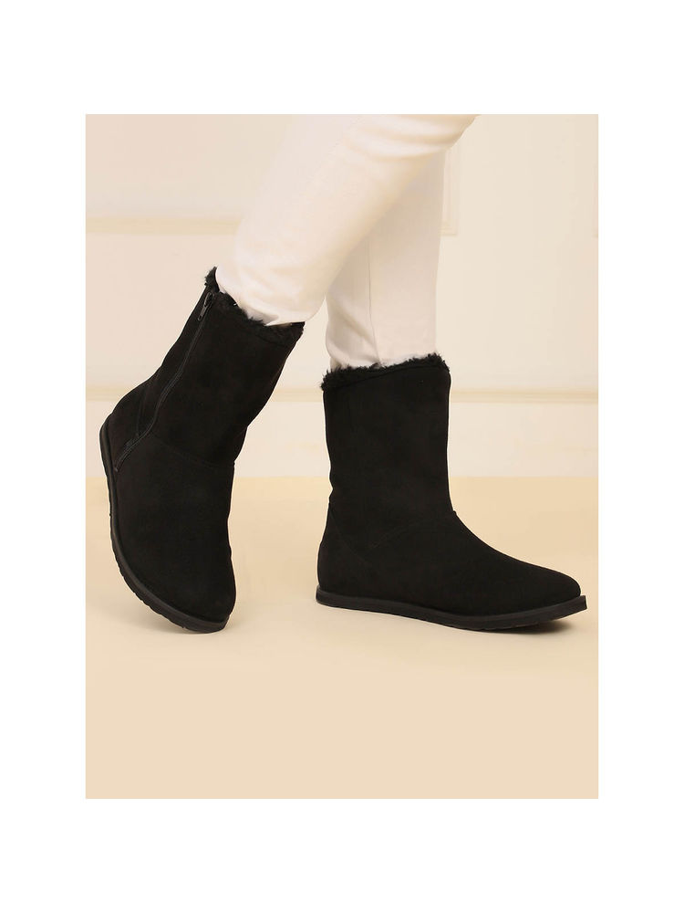 Yoho Black Slays Suede-Finish Mid-Calf Winter Boots with Fur Lining for Women-image-15