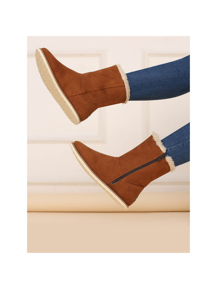 Yoho Brown Slays Suede-Finish Mid-Calf Winter Boots with Fur Lining for Women-image-24