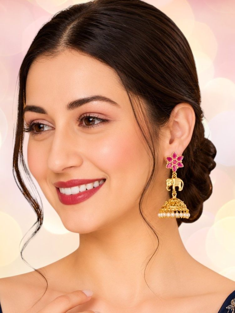 OOMPH Pink Stone Antique Gold Elephant Design Jhumka Earrings-image-46