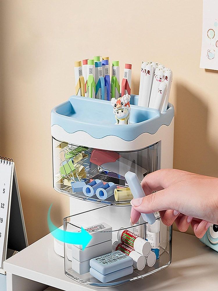 House of Quirk Pen Holder Plastic Stationery Storage Box With Rotating Drawer - Blue-image-13