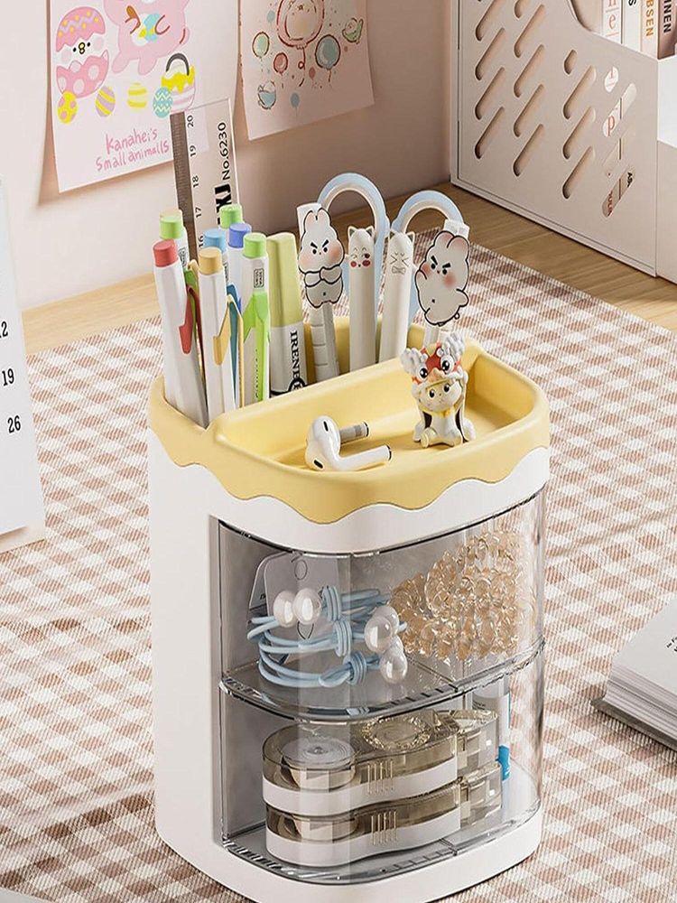 House of Quirk Pen Holder Plastic Stationery Storage Box With Rotating Drawer - Yellow-picture-21