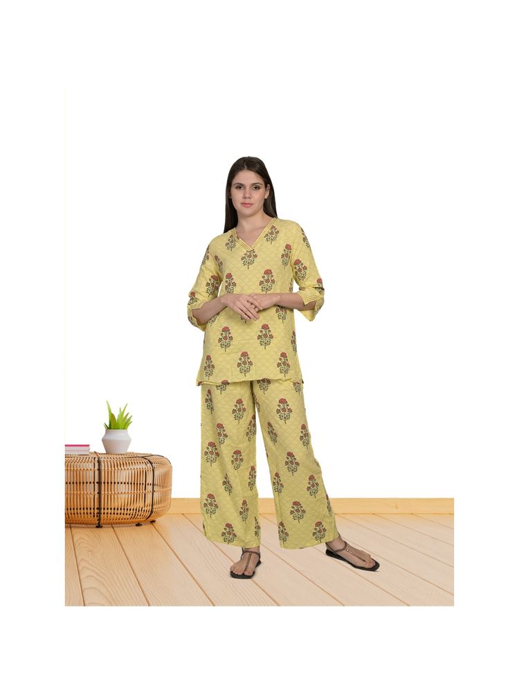 MAYSIXTY Rayon Printed Yellow Co-Ord (Set of 2)-image-1