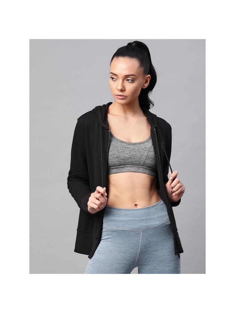 Alcis Women Black Solid Hooded Front Open Sweatshirt-image-4