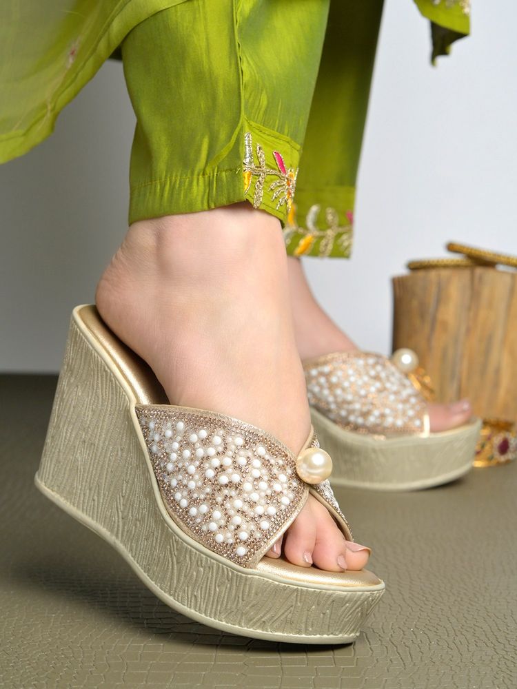 HVNLY by Shoetopia Women Gold Regal Wedge Heels