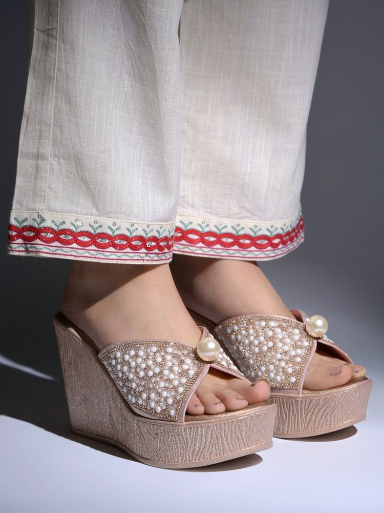 HVNLY by Shoetopia Women Rose Gold Regal Wedge Heels-image-9