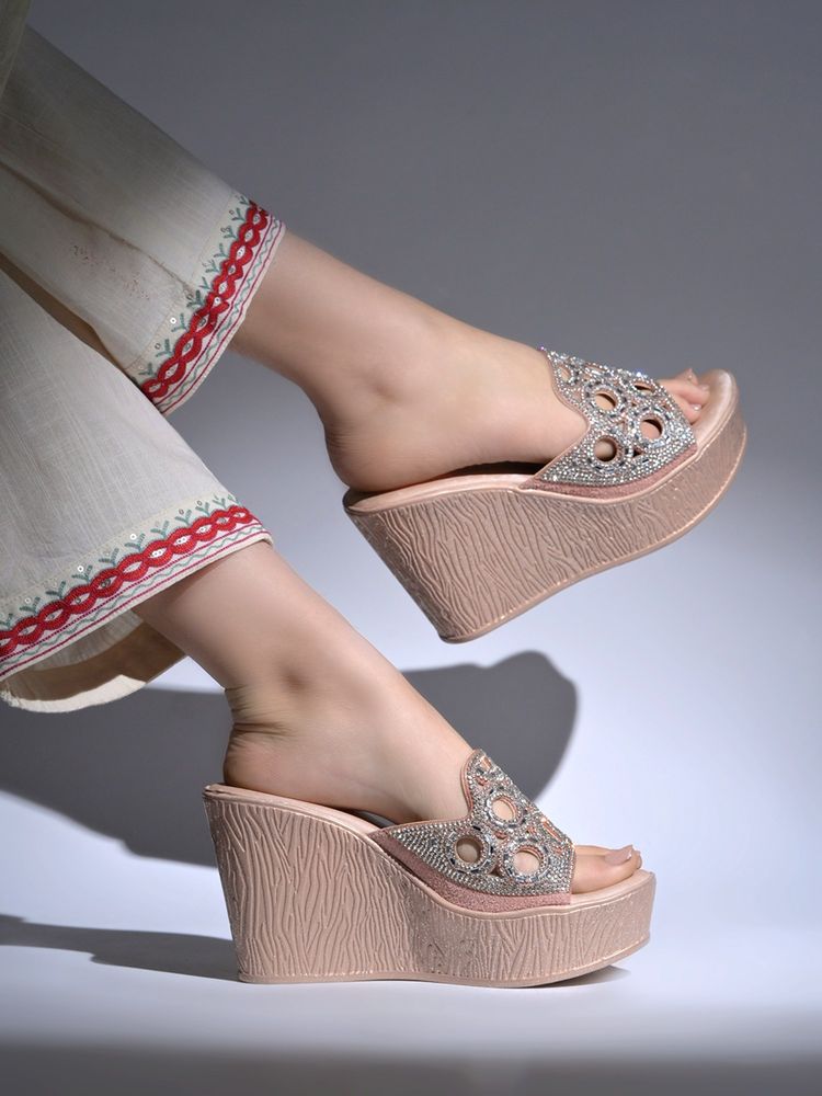 HVNLY by Shoetopia Women Rose Gold Elegant Shimmer Embellished Wedge Heels