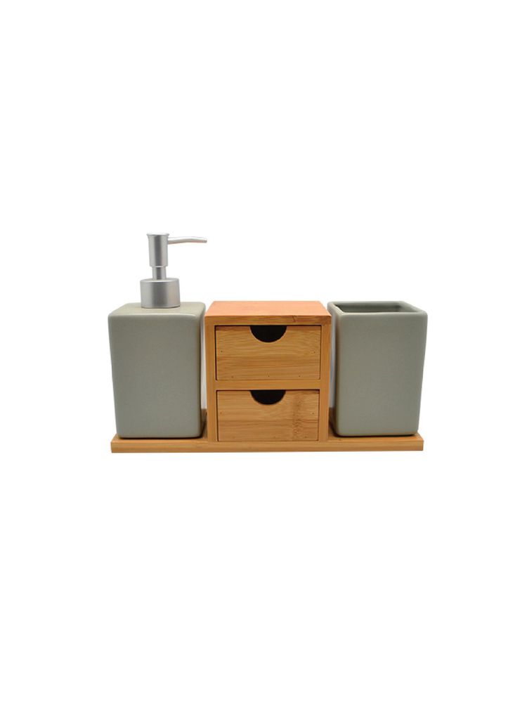 WAABI-SAABI Ceramic Bathroom Set Bamboo Drawers Grey Nagatoro