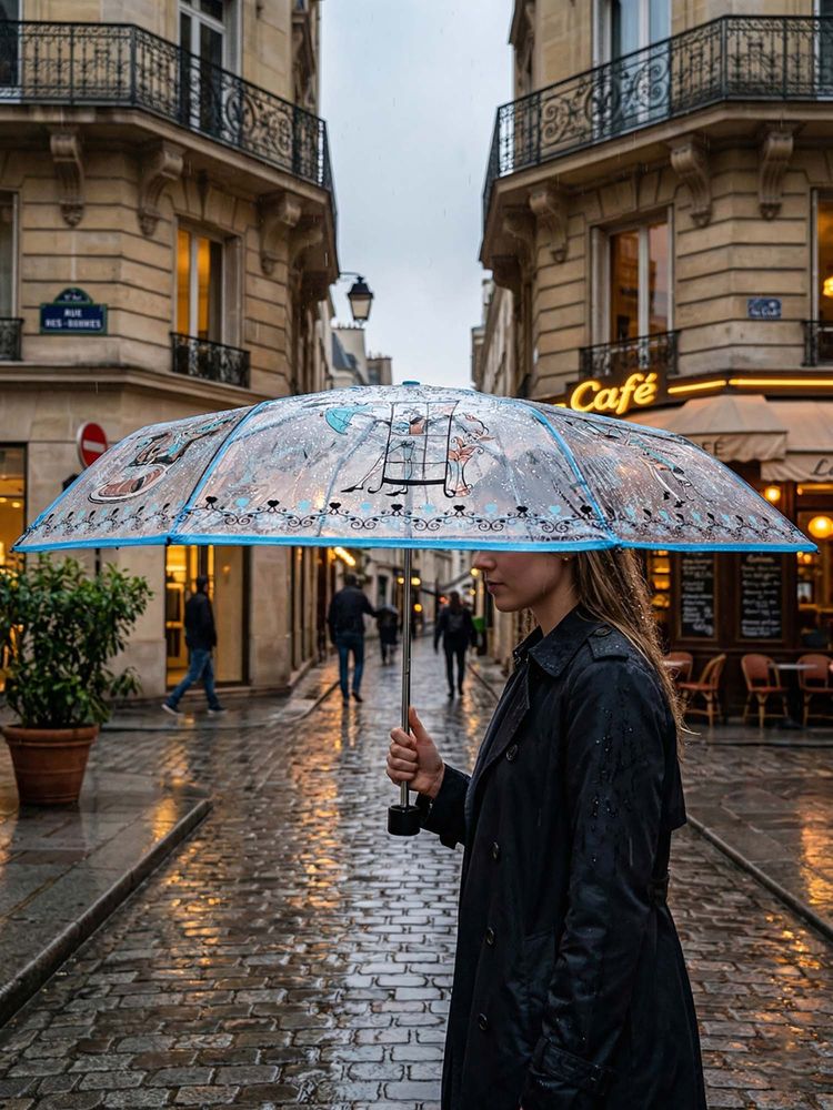 FABINALIV Blue Graphic Printed Waterproof 3 Fold Compact Transparent Umbrella-image-46