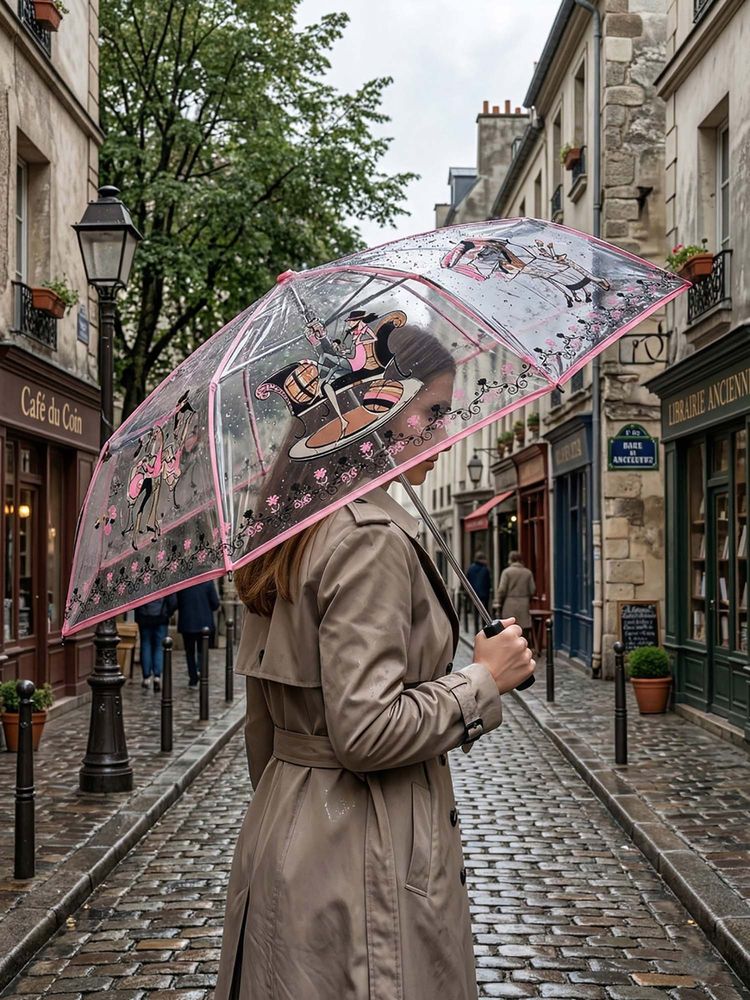 FABINALIV Baby Pink Graphic Printed Waterproof 3 Fold Compact Transparent Umbrella-image-12