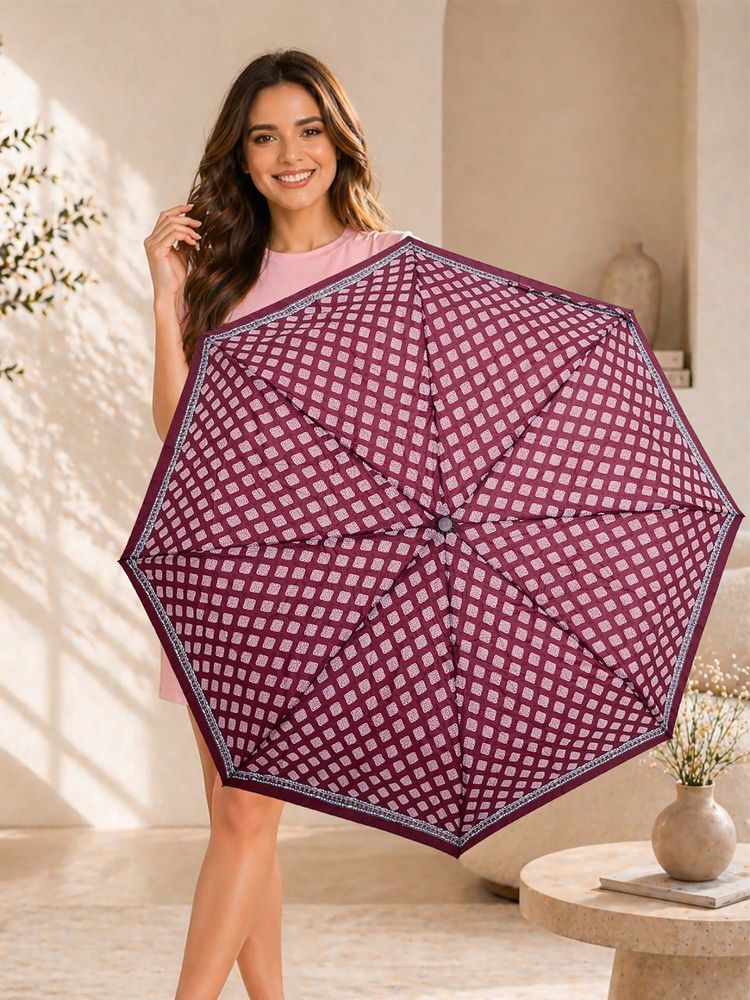 FABINALIV Maroon Ethnic Auto ON/OFF Waterproof Automatic Compact 3 Fold Printed Umbrella-image-25