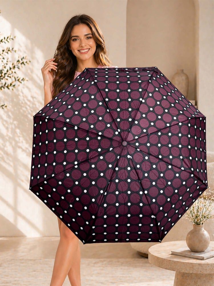 FABINALIV Maroon Polka Dot Auto ON/OFF Waterproof Automatic Compact 3 Fold Printed Umbrella-image-4