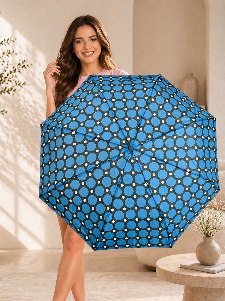 FABINALIV Sky Blue Polka Dot Auto ON/OFF Waterproof Automatic Compact 3 Fold Printed Umbrella-image-27